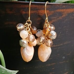 Cream & brown glass beaded dangle earrings, used boho hippie jewelry